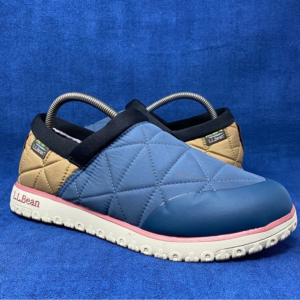 LL BEAN womens quilted navy/tan slip on clog mules size 10 excellent condition